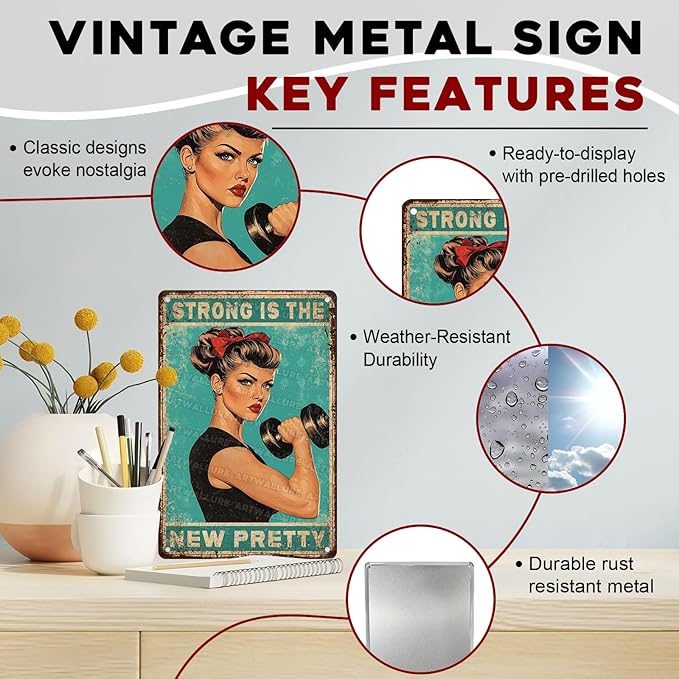 Gym Decor Strong Is The New Pretty Metal Tin Sign Vintage Fitness Motivational Wall Art for Home Gym Workout Room 8x12 Inch
