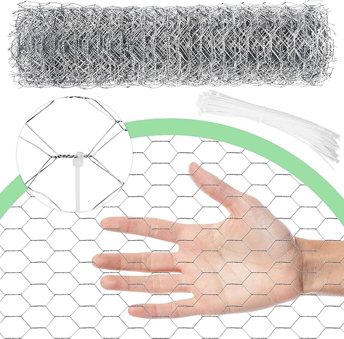 Miuwauer Chicken Wire Chicken Wire 13.7 in x 237 in Poultry Wire Netting Hexagonal Galvanized Mesh Garden Fence Barrier for Pet Rabbit Chicken Fencing with 100 Pcs Cable Zip Ties