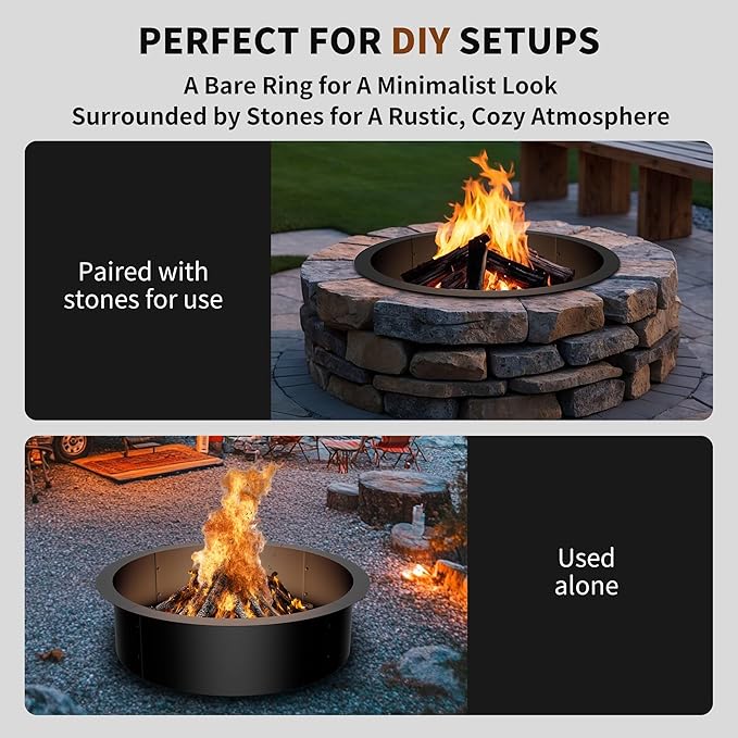 Outdoor Smokeless Fire Pit Ring Insert,36 Inch Inner|42 Inch Outer Diameter, Heavy Duty Metal Round Fire Ring for Outside Wood Burning, Black