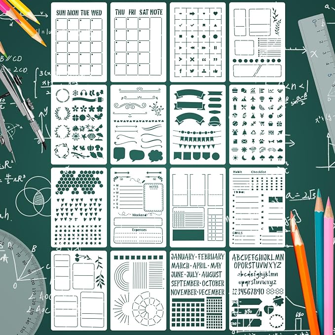 16 PCS Journal Stencils Planner Stencils for Bullet Junk Journal Notebook Diary Scrapbook DIY Drawing Template Journal Stencil 5.7 x 8 Inch