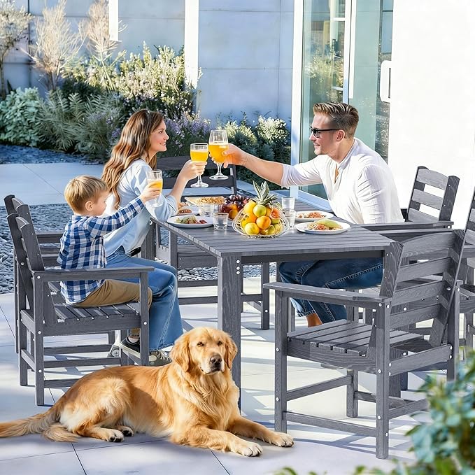 Outdoor HDPE Dining Table Set, 7-Piece Outdoor Dining Table Sets, Wood Grain Patio Furniture Sets with Umbrella Hole for Porch, Backyard, Gray