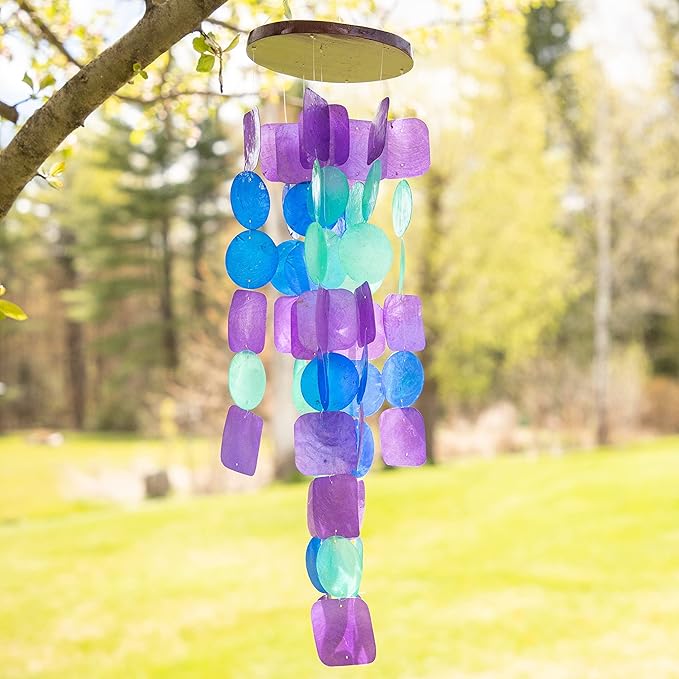 Beautiful and Unique Capiz Shell Wind Chime - Wind Chimes for Outdoors - Colorful and Whimsical Patio Decor - Ocean Decor - Garden Gifts (Teal, Green and Blue)