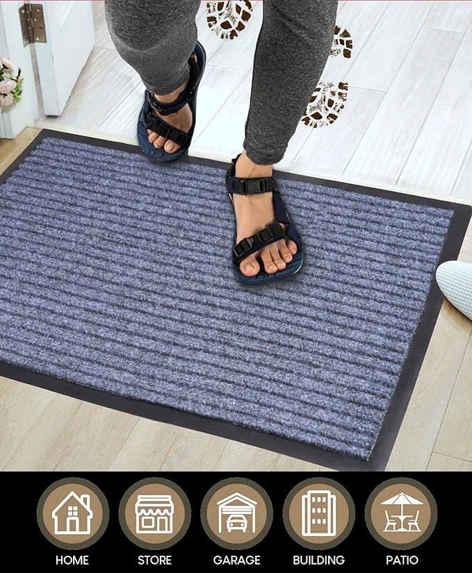 LuxUrux 2-Pack Heavy-Duty Rubber Door Mats - 23x35 inches, Durable, Indoor/Outdoor, Waterproof, Easy to Clean, Low-Profile Entry Rugs with Stylish Striped Gray Design