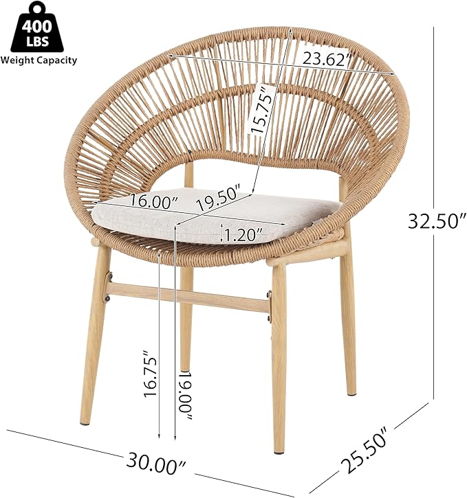 Christopher Knight Home Cyril Papasan Chair Set of 2, Patio Wicker Dining Chair, Patio Furniture Set, Comfy Reading Single Sofa with Cushion, Light Brown+Beige