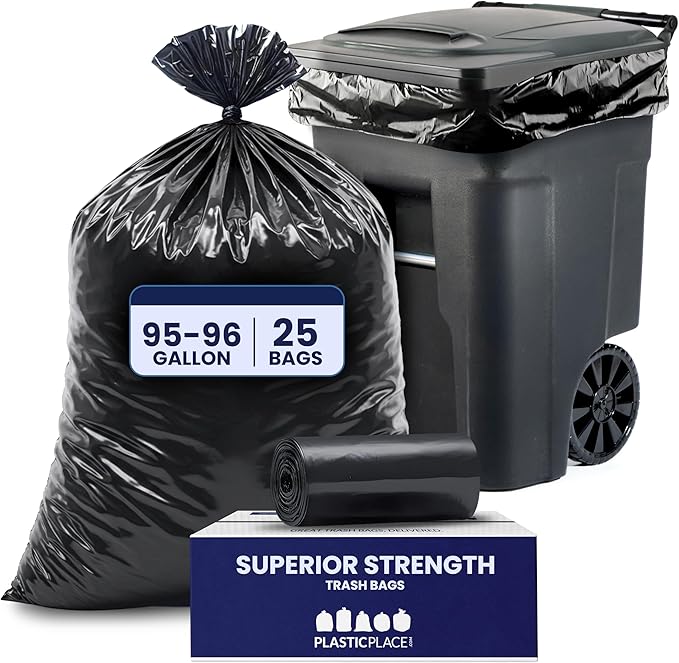 Plasticplace 95-96 Gallon Garbage Can Liners Heavy Duty 1.5 Mil Black Trash Bags Tear-Resistant Outdoor Garbage Bags for Rollaway Bins Large 61" x 68" Industrial-Strength Waste Bags (25 Count)