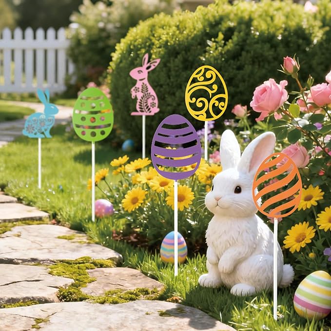 Metal Easter Day Planter Stakes - 6 Pcs Cute Bunny Yard Sign Easter Egg Cut-Out Decorative Garden Stake for Planter Outdoor Backyard Pathway Lawn Plant Flower Pots Decor Spring Party Supply