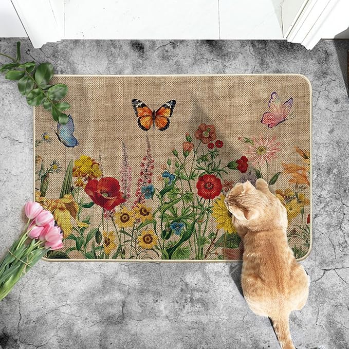 Artoid Mode Wood Flowers Butterfly Spring Doormat, Home Summer Decor Low-Profile Switch Rug Door Mat Floor Mat for Indoor Outdoor 24x35 Inch