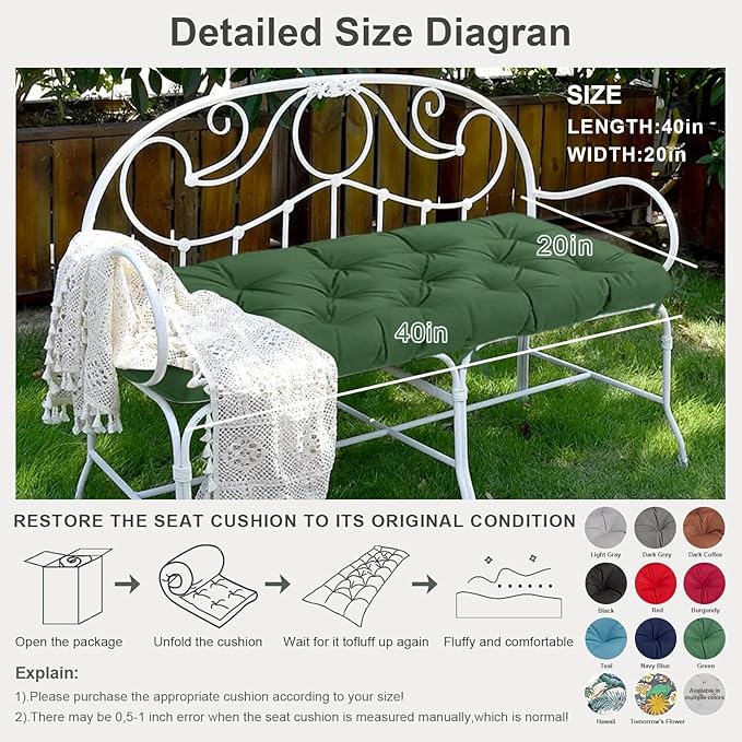 Waterproof Lounge Chair Cushions Swing Cushion for Outdoor Furniture, Indoor Outdoor Beach Cushion Thick Outdoor Garden Beach Seat 20 x 40 in, Green
