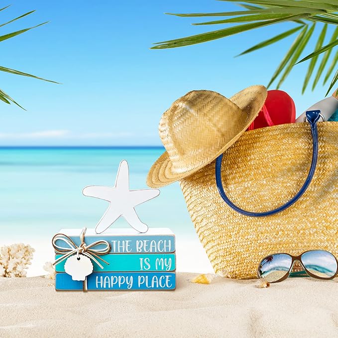 Pinkunn 4 Pcs Beach Table Decor Starfish Seashell Coastal Wooden Block Sign Centerpiece Rustic Nautical Decorative Signs & Plaques for Home Office Desk Shelf Farmhouse Home Living Room(Starfish Shell)