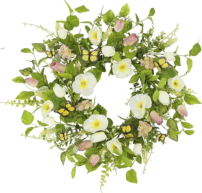 YNYLCHMX 18" Spring Summer Wreaths for Front Door, Artificial Floral Wreath with White Flower Eucalyptus Leaves Butterfly, Green Foliage Wreath for Wall Window Farmhouse Party Holiday Home Decor