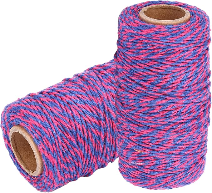 Cotton Twine String Bakers Rope: 2 Roll Twines for Crafts Gift Wrapping - 656 Feet Rose Red Sapphire Twine for Kitchen Cooking