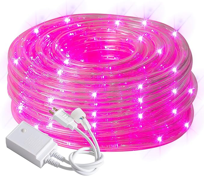 Waterproof LED Rope Lights, Connectable & Flexible with 8 Modes, Outdoor Lighting for Deck, Garden, Pool, Patio & Christmas Decor (Pink, 50ft)