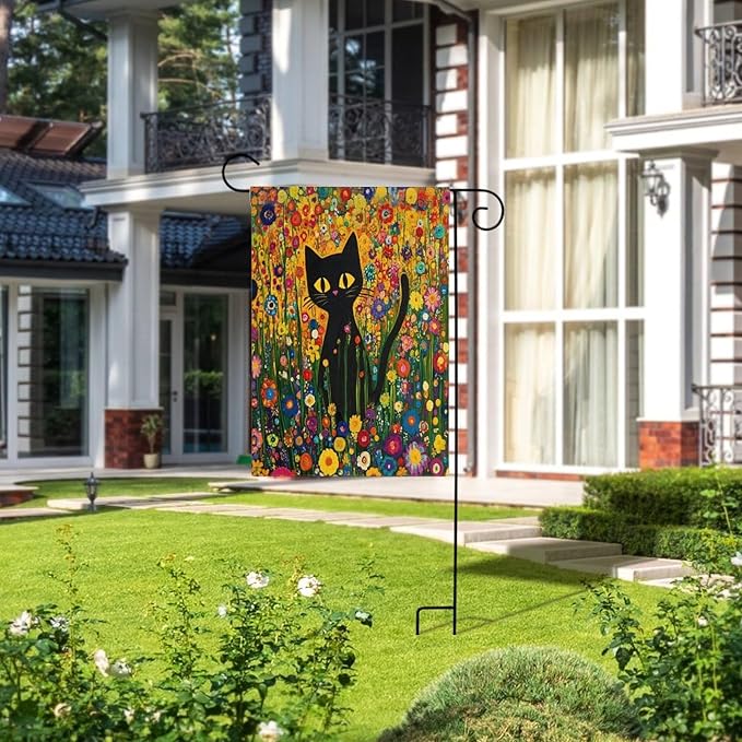 Wild Flowers Floral Leaf Botanical Plants Welcome Garden Flag 12x18 Double Sided for Outside Cute Black Cat in The Flower Garden Farmhouse Flags Yard Flag Seasonal Yard Decoration