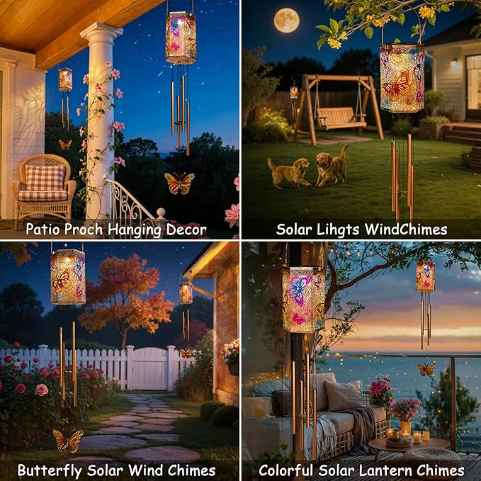 Homeimrpo Solar Wind Chimes Lights for Outside, Butterfly 3D Multicolor Waterproof Solar Lantern Chimes Outdoor Lights Hanging Decor for Garden, Porch, Yard Gifts for Mom Grandma
