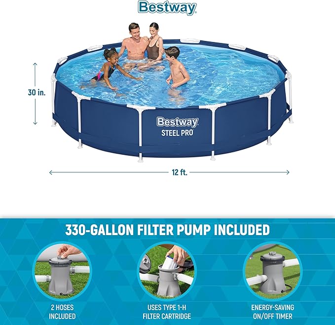Bestway Steel Pro 12 feet x 30 inches Round Above Ground 1,710 Gallon Pool Set with DuraPlus Liner, 530 Gallon Pool Filter, and Repair Patch