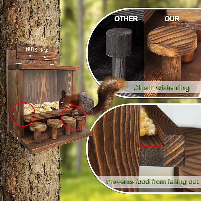 Carbonized Squirrel Feeder, Large Squirrel Feeders for Outside Funny Squrrill Nuts Bar, Durable Wooden Chipmunk House Box for Corn Peanuts