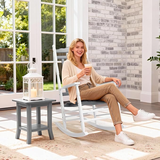 VINGLI Wooden Rocking Chair Outdoor, Patio Rockers with High Back, Support 450 LBS Rocking Chairs, for Porch, Patio, Balcony, Garden, Yard (White&Grey, 2 PCS)