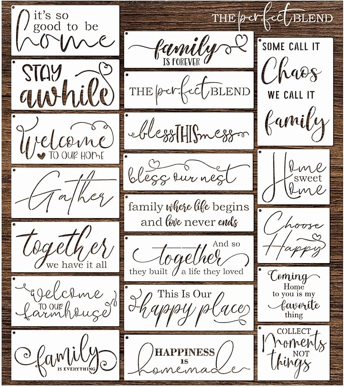Word Stencils for Painting on Wood Sign Canvas Fabric, Reusable Welcome Farmhouse Burning Inspirational Art Craft Paint Stencil for Shirt Family Furniture Wall Card Making (20 Home)