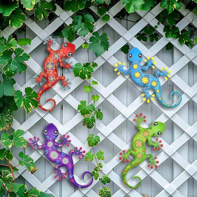 4 Pcs Metal Gecko Outdoor Decorations - Metal Wall Art Hanging Sculpture Decoration for Garden Yard Fence Porch Wall Decor, Gift for Mom Dad Friends