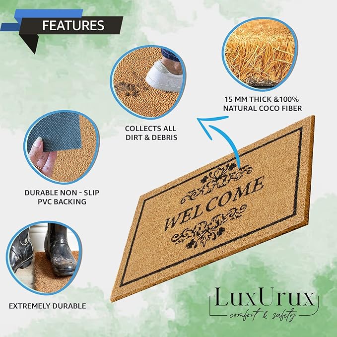 LuxUrux Welcome Mats Outdoor Coco Coir Doormat, with Heavy-Duty PVC Backing - Natural - Perfect Color/Sizing for Outdoor/Indoor uses. (17 x 36)