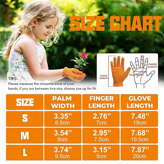 HANDLANDY 2 Pairs Kids Genuine Leather Work Gloves for ages 3-11, Children Gardening Gloves for Boys, Girls (Large (for age 8-11), Orange)