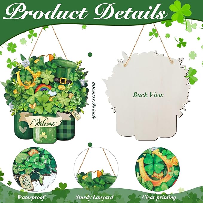 Boao St. Patrick's Day Welcome Sign Wooden Hanging Decor Farmhouse Rustic Door Decoration St. Patrick's Day Wreath Sign with Bow Ornament for Irish Home Indoor Outdoor Holiday Farmhouse Window