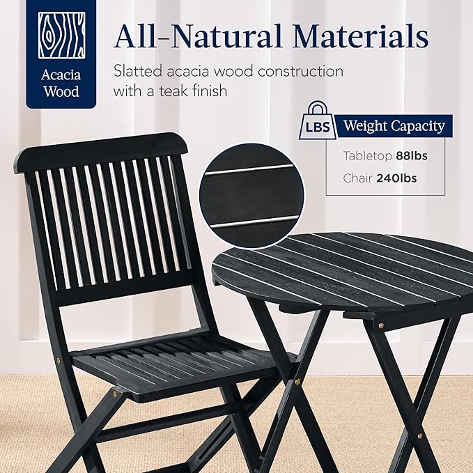 Best Choice Products 3-Piece Acacia Wood Bistro Set, Folding Patio Furniture for Backyard, Balcony, Deck w/ 2 Chairs, Round Coffee Table, Teak Finish - Charcoal