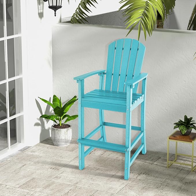 Giantex Set of 2 HDPE Outdoor Bar Stools, All Weather Tall Adirondack Chair with Armrest, Footrest, Load 360Lbs, Counter Height Bar Stool for Patio, Garden, Yard, Indoor Or Outdoor Use (Turquoise)