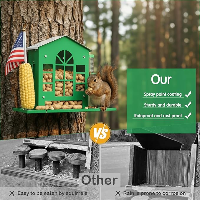 Metal Squirrel Feeder for Outside, Hanging Squirrel House for Outdoors with Water Bottle, Flag and Corn Cobs Holder, Peanut Feeder for Chipmunks, Easy to Mount on Trees or Fences