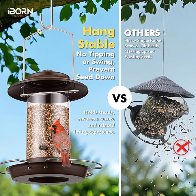iBorn Bird Feeder Metal Squirrel Chew-Proof Bird Feeders for Outdoors Hanging for Cardinal Outside, Holds 1.5LB Seed with 3 Perchs, Bronze (Seed is not Included)