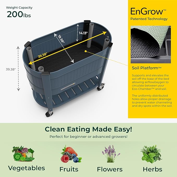 Permasteel Raised Garden Bed with Legs, Planter Box with EnGrow™ TrueSoil™ Technology for Vegetables, Flowers, Herbs, and Fruit, Outdoor Indoor, Storage Shelf, Caster Wheels, Blue