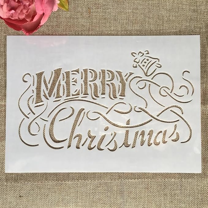 TIAMECH A4 Reusable Merry Christmas Stencil for Painting - Winter Holiday Words & Jingle Bell Layering Template, DIY Wall Art, Wood Furniture, Scrapbook & Crafts (8.3x11.7inch)