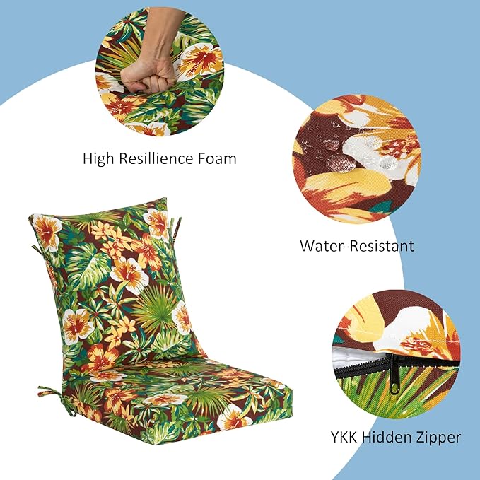 COZYVIDA Outdoor Dining Chair Cushion, Set of 2, 20" x 42",C0 Water-Resistant Breathable Polyester, UV-Resistant 1000+ Hrs, 30D Foam with Recycled Fiber Fill, YKK Zippers, Tropical Floral