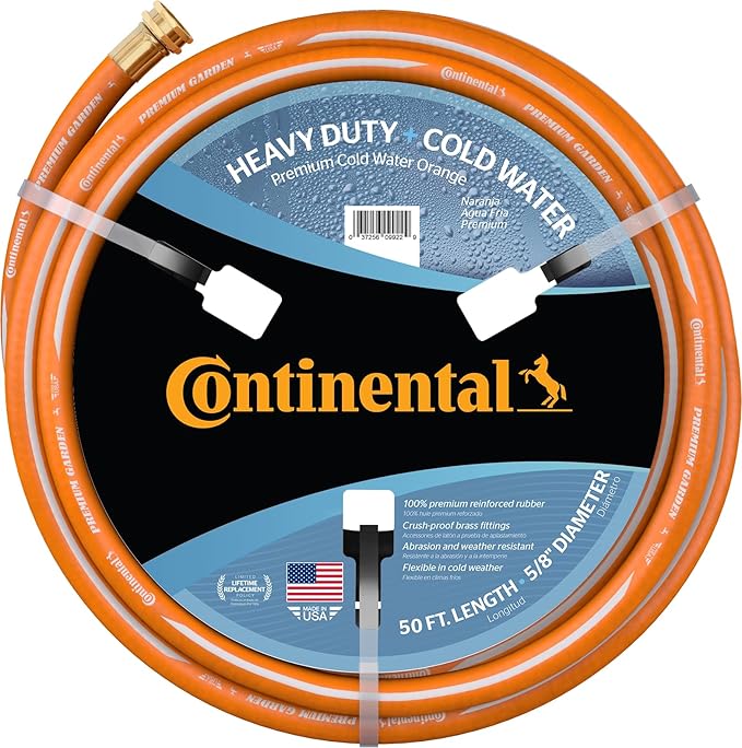 Continental Premium Garden Orange Heavy Duty Cold Water Garden Hose, 5/8in Inside Diameter x 50ft Length, Male x Female Garden Hose Thread
