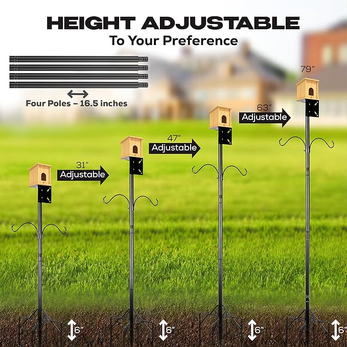 79 Inch Adjustable Bird Feeder Pole for Outdoors Heavy Duty | Birdhouse Pole | Bird Feeder Stand with Mounting Bracket and Shepherd's Hooks | Mounting Pole for Smart Bird Feeder
