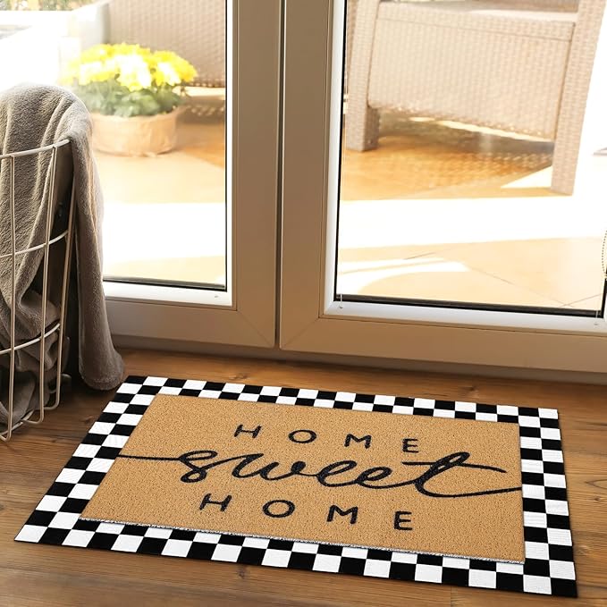 Tinideya 2 Pcs Summer Door Mat Non Slip Wildflower Coastal Hello Sunshine Sweet Home Ocean Pet Welcome Floor Doormat Buffalo Plaid Checked Stripe Mat Seasonal for Front Porch Entryway(Home Sweet)