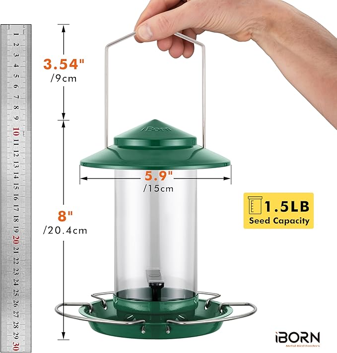 iBorn Bird Feeder Metal Squirrel Chew-Proof Bird Feeders for Outdoors Hanging for Cardinal Outside, Holds 1.5LB Seed with 3 Perchs, Green (Seed is not Included)