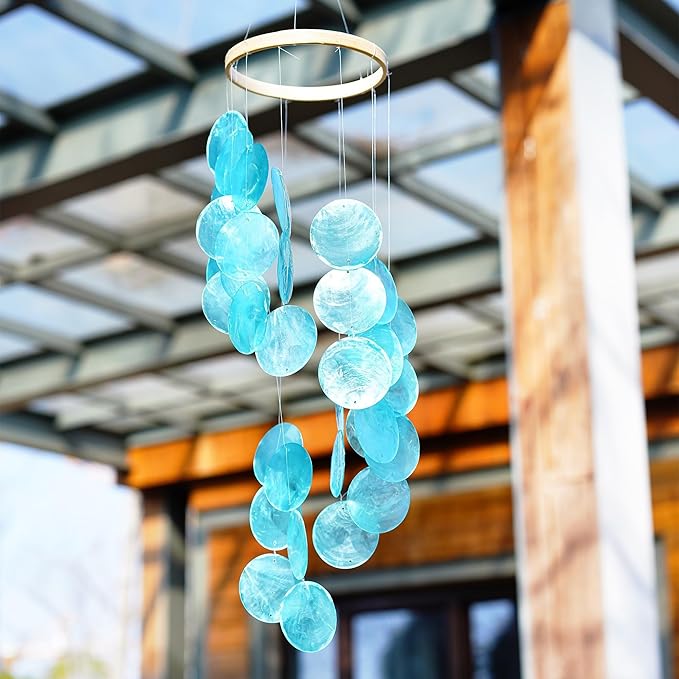 YUFENG Wind Chimes Outdoor Decor, 17'' Ocean Blue Capiz Shell Metal Windchime for Outside Garden Yard Home, Soothing Sound Decorative Wind Bell Memorial Ornament for Christmas Tree Gift