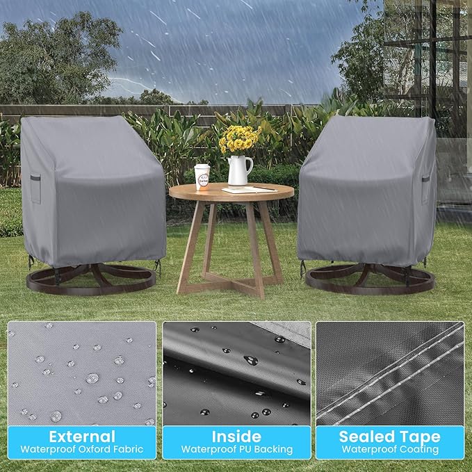 Swivel Patio Chair Covers, 2 Pack Waterproof Outdoor Rocking Chair Covers, Lawn Patio Furniture Covers, Heavy Duty Lounge Chair Cover, 33" W×37" D×38.5" H, Grey
