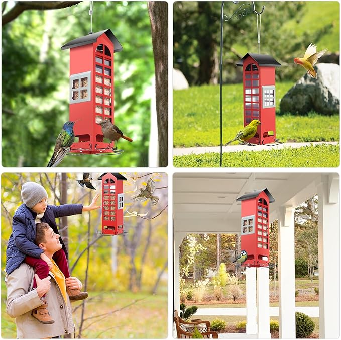Bird Feeders Squirrel Proof for Outdoor Hanging, Weight Activated Metal Wild Bird Feeders, Spring Cardinal Tube Birdhouse Finch Seed Feeder with 4 Feeding Ports, 2.5LB Capacity