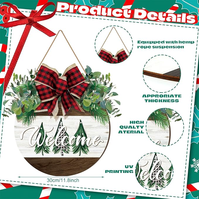 Boao Christmas Door Decorations Wooden Merry Christmas Welcome Front Door Sign Hanger with Red Buffalo Plaid Bow Xmas Wreaths for Outdoor Porch Farmhouse Decor