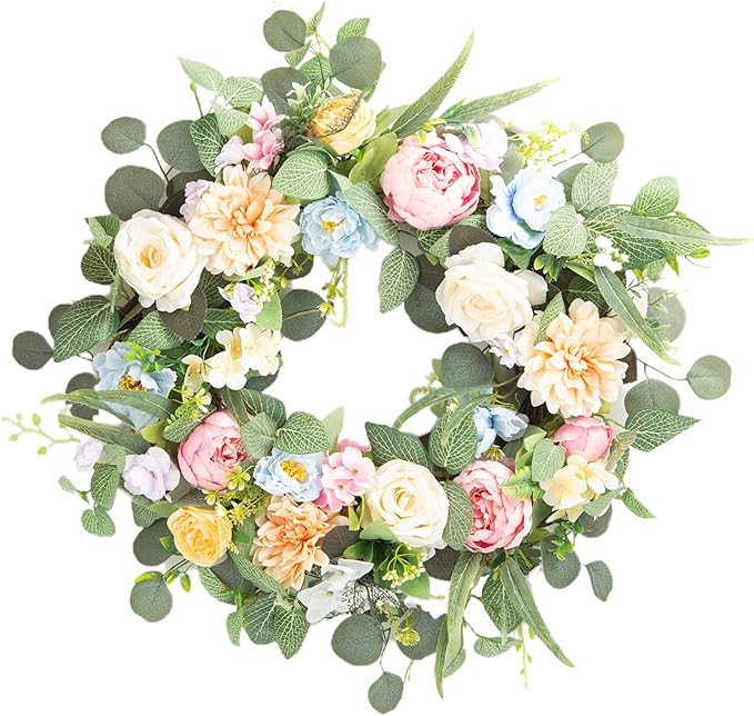 Honnesserry Spring Wreath for Front Door, Large Door Wreath for Home Decoration, 24IN Farmhouse Summer Eucalyptus Wreaths for Decor