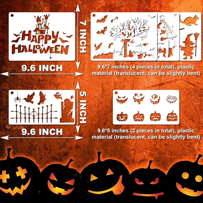 YKW Halloween Stencils 6 Pack Large, 9.6x7 9.6x5 Inch Reusable Spooky Templates for Painting Wood Signs Fabric Trick Treat Decorations