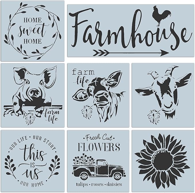 Farmhouse Stencils Farm Theme Reusable Stencils for Painting on Wood Animals Flower Vintage Truck Pattern Stencil for Drawing DIY Scrapbooking Furniture Wall Signs Floor Fabric Decors
