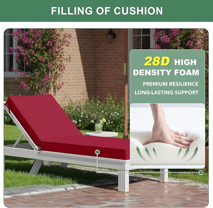 Chaise Lounge Cushions Outdoor Set of 2 - Waterproof and Fade Resistant Sun Lounger Replacement Cushions - Patio Lounger Pads with Removable Cover for Pool, Deck, Lawn, 72 x 21 x 3 Inch, Red