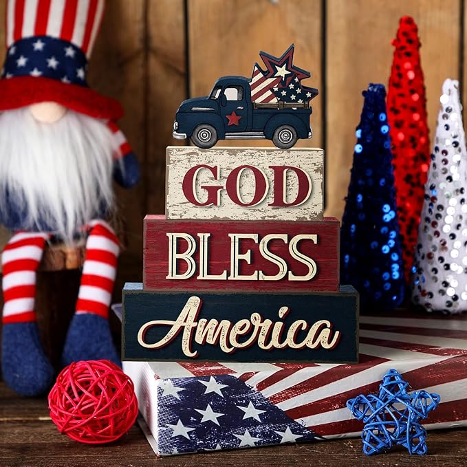 4 Pcs 4th of July Patriotic Table Decor Memorial Day Red White Blue Truck Wood Sign Rustic God Bless America Tabletop Centerpiece Block Independence Day Tiered Tray Decor for Home Office Shelf