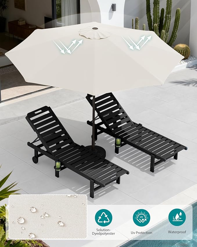 SERWALL Outdoor Chaise Lounge Set of 2 with 9FT Umbrella, HDPE Pool Lounge Chair with 5-Position Adjustable Backrest, Patio Lounger with Rolling Wheels & Cup Holder for Pool, Black