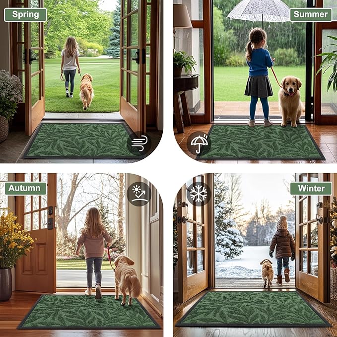 Smiry Front Door Mat Indoor Outdoor Entrance, Heavy Duty Natural Rubber, Trap Dirt and Moisture, Non-Slip Doormats, Low Profile, Easy Clean Patio Porch Entryway Mat, 29.5x17, Green