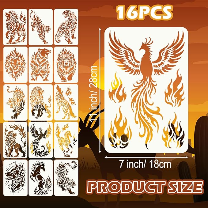 16 Pcs Lion Tiger Stencils, Reusable Large Tiger Dragon Wolf Bear Templates for Painting on Wood Floor Wall Rock Furniture Canvas Fabric DIY Craft Home Decor