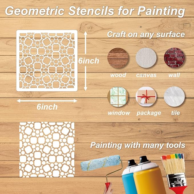 Geometric Stencils for Painting, 16PCS 6" Plastic Stencils for Crafts Reusable, Modern Geometric Patterns & Textures, Drawing Templates for Walls, Furniture & Home Decor